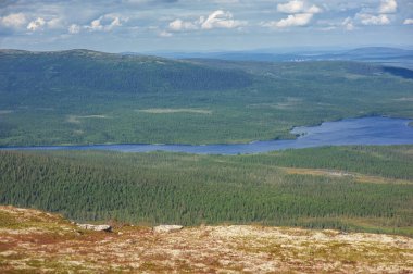 Orman, tepeler ve gökyüzü bulutlarıyla güneşli güzel bir gün manzarası. 