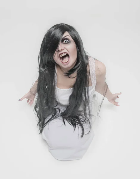 Mystical Ghost Angry Screaming Woman Long Black Hair Gray Background — Stock Photo, Image