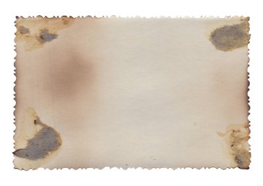 Yanmış kenarları, lekeleri ve çizikleri olan eski model kaba doku retro kağıdı. 