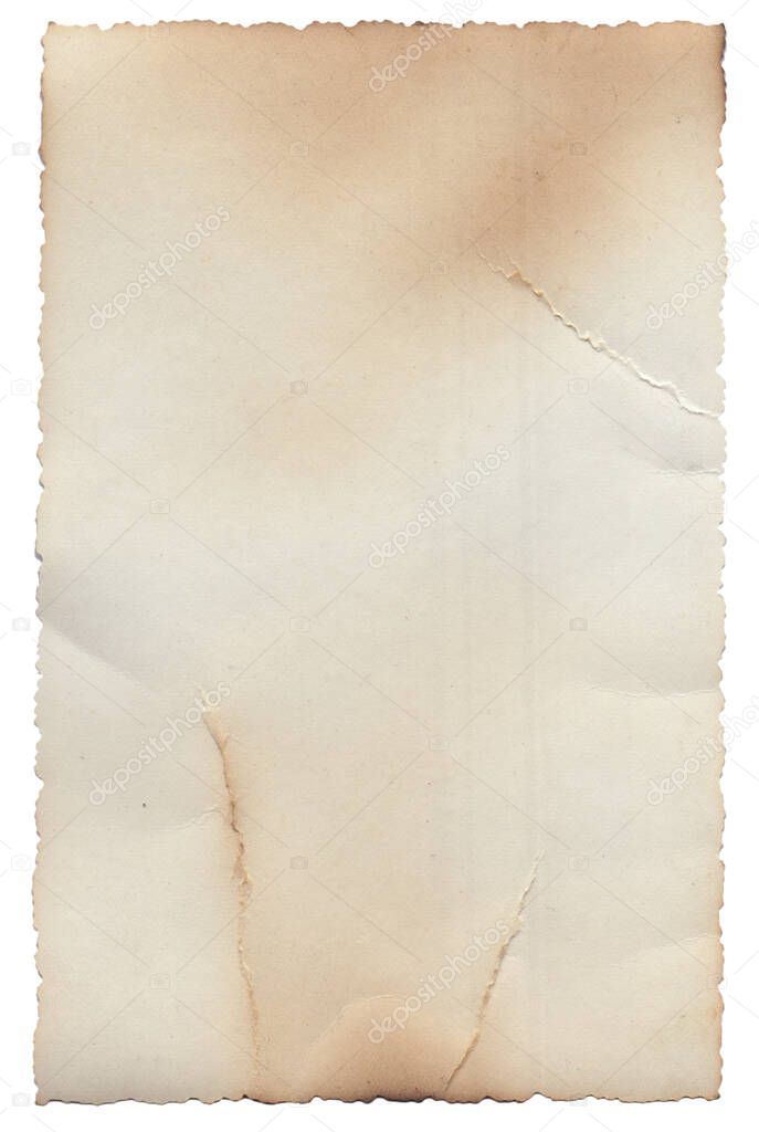 Old vintage rough texture retro paper with burned edges, stains and scratches background 