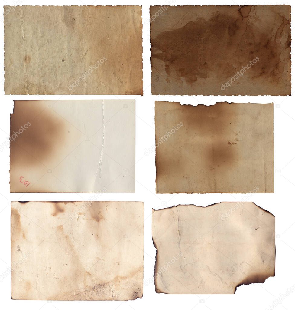 Bunch of Old vintage rough texture retro paper with burned edges, stains and scratches background 