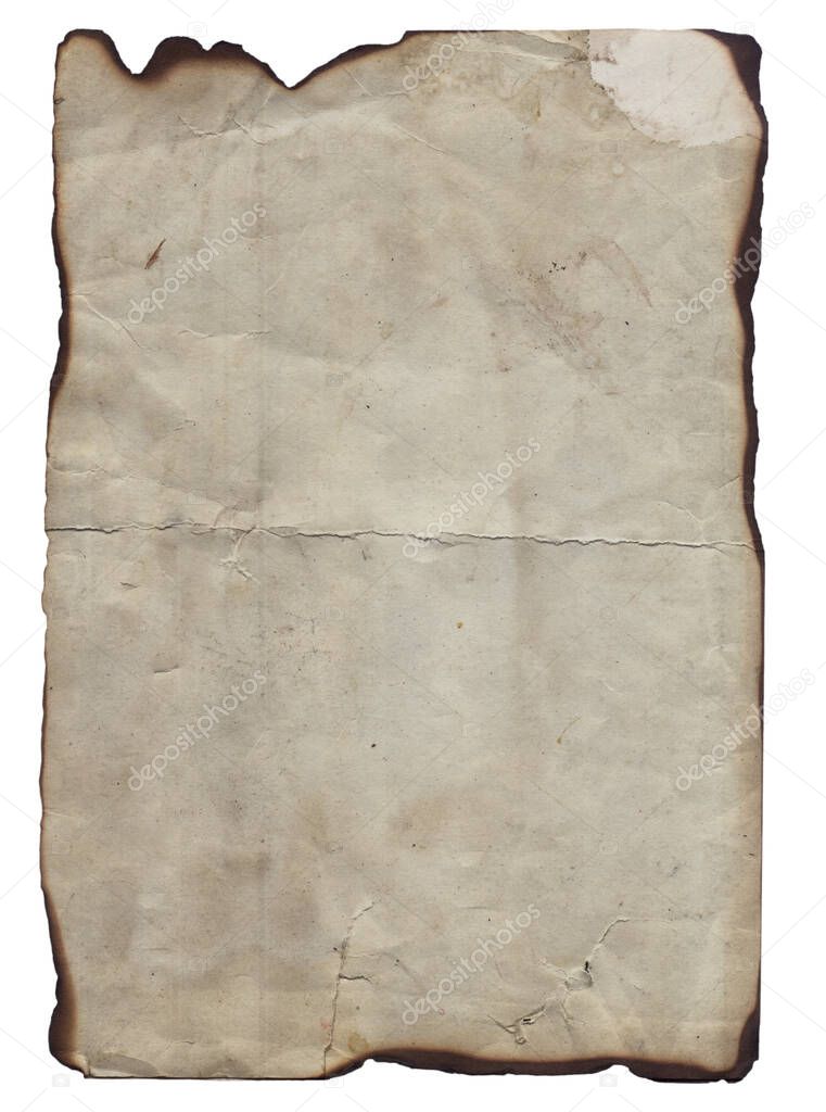 Old vintage rough texture retro paper with burned edges, stains and scratches background 