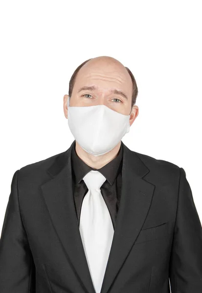 Trauriger Junger Geschäftsmann Mit Chirurgischem Virenschutz Weiße Maske Isolieren — Stockfoto