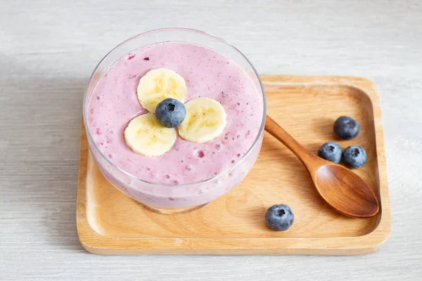 Berry Smoothie Banana Glass Bowl Wooden Spoon — Stock Photo, Image