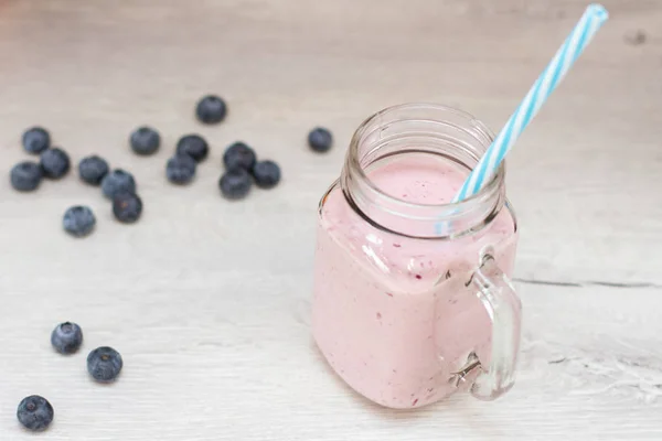 Blueberrie Smoothie Jar Mug Straw — Stock Photo, Image