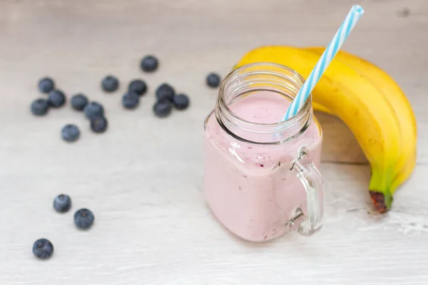 Blueberrie Smoothie Jar Mug Straw Banana — Stock Photo, Image