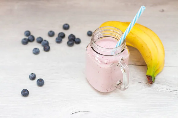 Blueberrie Smoothie Jar Mug Straw Banana — Stock Photo, Image