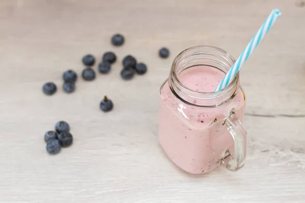 Blueberrie Smoothie Jar Mug Straw Top View — Stock Photo, Image