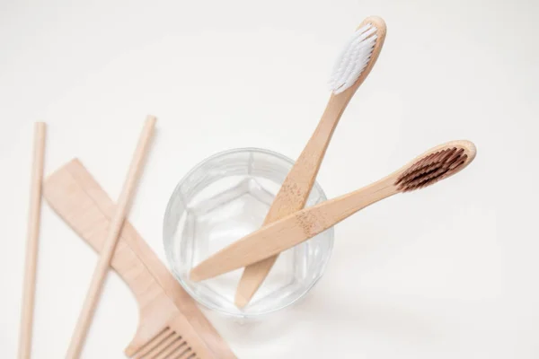 Eco Friendly Bamboo Toothbrushes Wooden Comb Zero Waste Concept — Stock Photo, Image