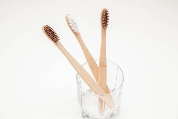 Three Bamboo Toothbrushes Glass Zero Waste — Stock Photo, Image