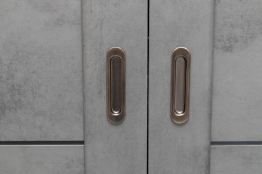 Gri modern giriş kapısı dış tarafı. Metal saplı kapalı sürgülü kapı.