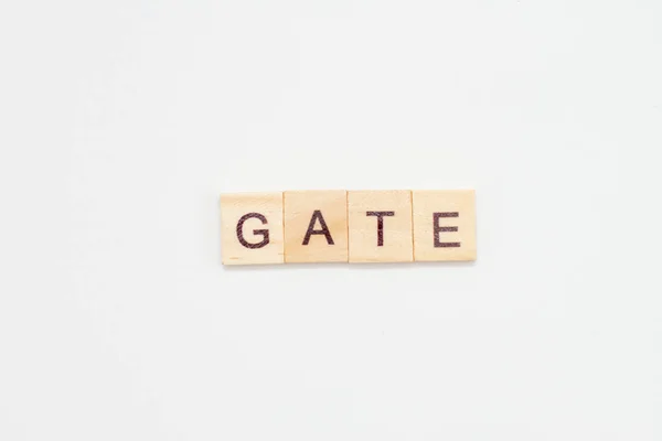 Palavra Gate Feito Cubos Madeira Branco — Fotografia de Stock