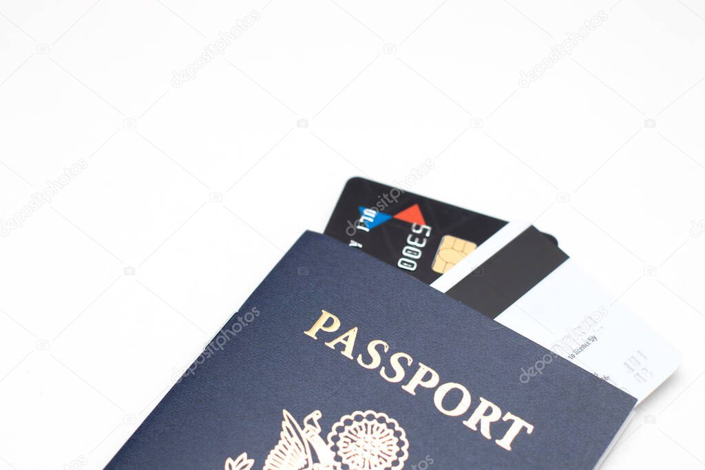 USA passport and plastic credit bank cards in passport.