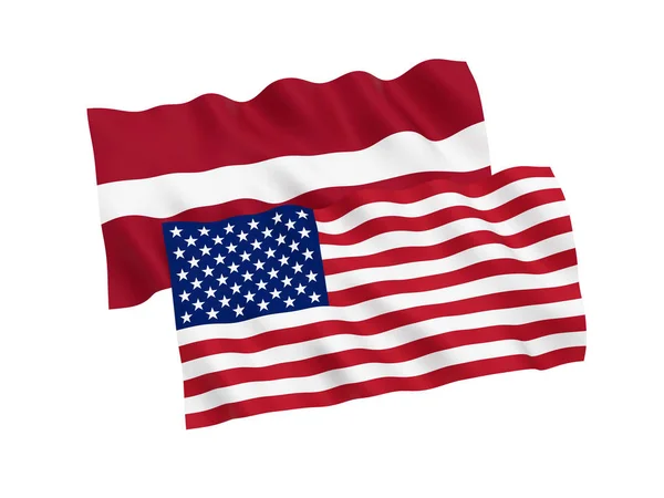 白い背景にラトビアとアメリカの国旗 — ストック写真