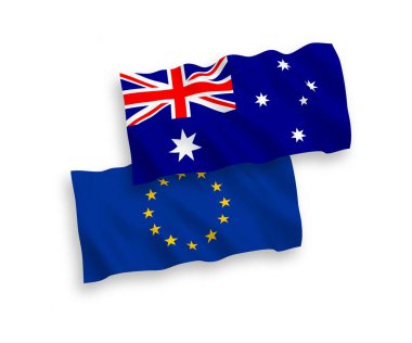 Beyaz bir arka plan üzerinde Avustralya ve Avrupa Birliği'nin bayrakları