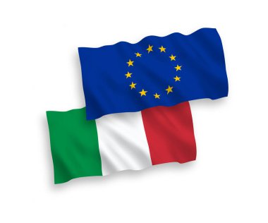 Beyaz bir arka plan üzerinde İtalya ve Avrupa Birliği'nin bayrakları