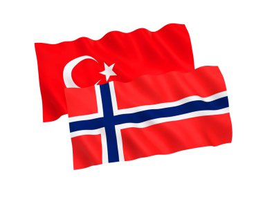 Türkiye ve beyaz arka plan üzerinde izole Norveç Ulusal Kumaş bayrakları. 3D render illüstrasyon. 1-2 oran.