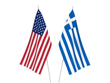 Amerika ve beyaz arka plan üzerinde izole Yunanistan Ulusal Kumaş bayrakları. 3D render illüstrasyon.