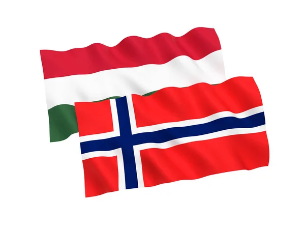 Bandiere Nazionali Tessuto Ungheria Norvegia Isolate Sfondo Bianco Illustrazione Rendering — Foto Stock