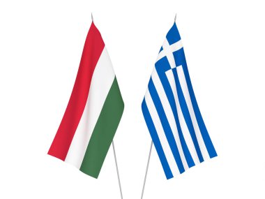 Beyaz arka plan üzerinde izole Macaristan ve Yunanistan Ulusal Kumaş bayrakları. 3D render illüstrasyon.