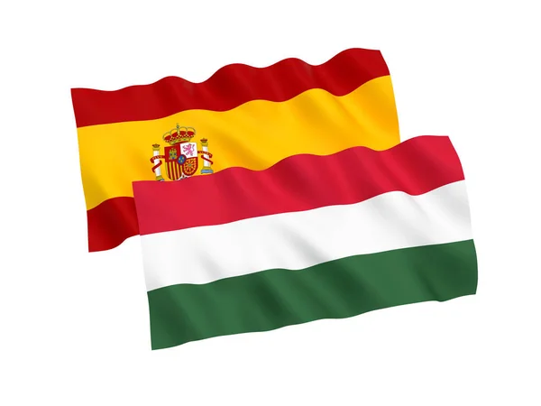 Zászlók, Magyarország és Spanyolország egy fehér háttér — Stock Fotó