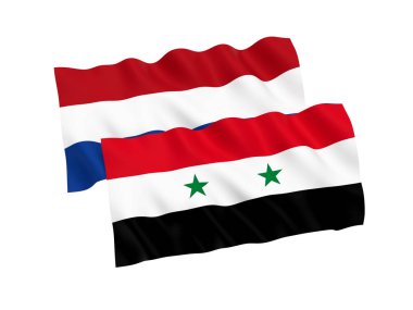 Beyaz bir arka plan üzerinde Hollanda ve Suriye bayrakları