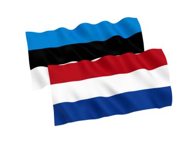 Beyaz bir arka plan üzerinde Estonya ve Hollanda bayrakları