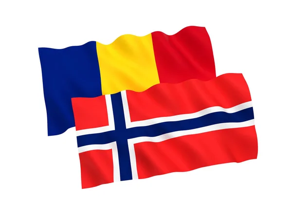 Bandeiras da Noruega e da Roménia sobre fundo branco — Fotografia de Stock