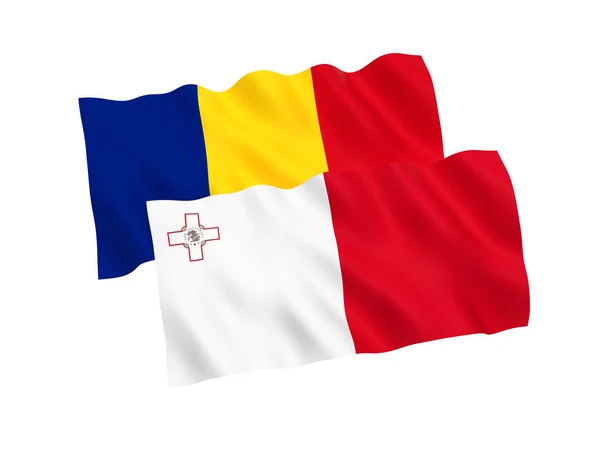 Bandeiras da Roménia e de Malta sobre um fundo branco — Fotografia de Stock
