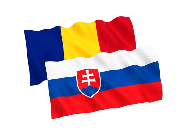 Bandeiras da Roménia e Eslováquia sobre um fundo branco — Fotografia de Stock