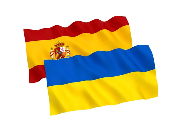 흰색 바탕에 우크라이나와 스페인의 깃발 — 스톡 사진