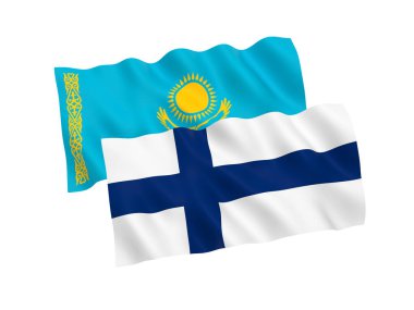 Beyaz arka planda Finlandiya ve Kazakistan bayrakları