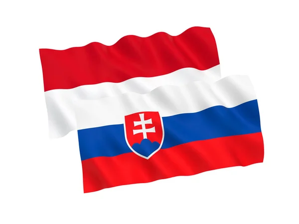 Bandeiras da Eslováquia e da Indonésia sobre um fundo branco — Fotografia de Stock
