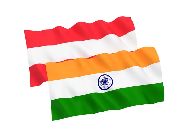 Bandeiras da Áustria e da Índia sobre um fundo branco — Fotografia de Stock