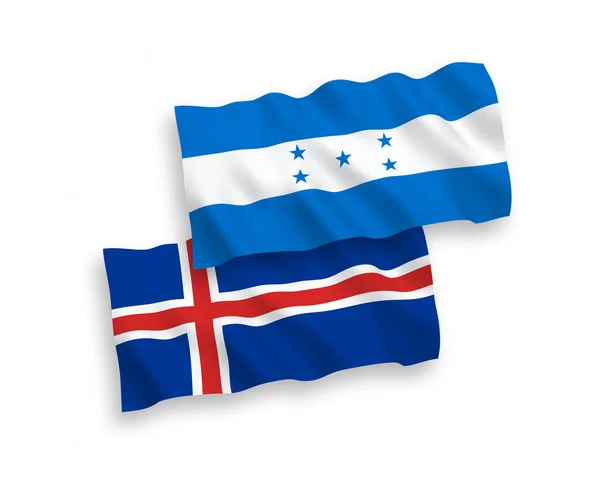 冰岛和洪都拉斯的国家病媒织物波条旗在白色背景下隔离 1比2的比例 — 图库矢量图片