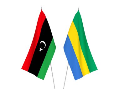 Libya ve Gabon 'un ulusal kumaş bayrakları beyaz arka planda izole edildi. 3d resimleme.