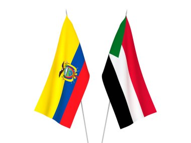 Beyaz arka planda Ekvador ve Sudan 'ın ulusal kumaş bayrakları izole edildi. 3d resimleme.