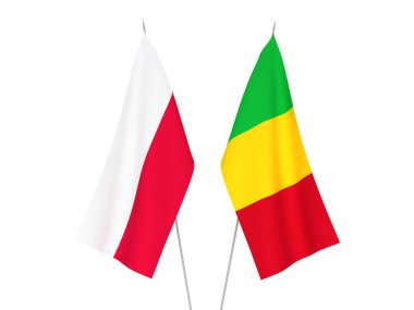 Beyaz arka planda Mali ve Polonya 'nın ulusal kumaş bayrakları izole edildi. 3d resimleme.