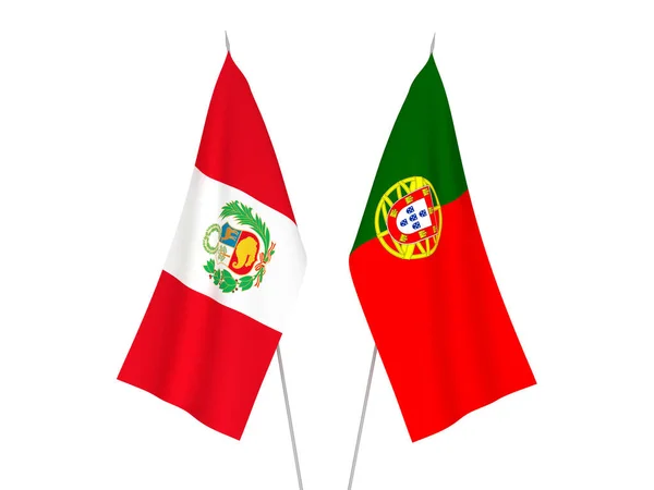 Nationella Tyg Flaggor Peru Och Portugal Isolerad Vit Bakgrund Återgivning — Stockfoto