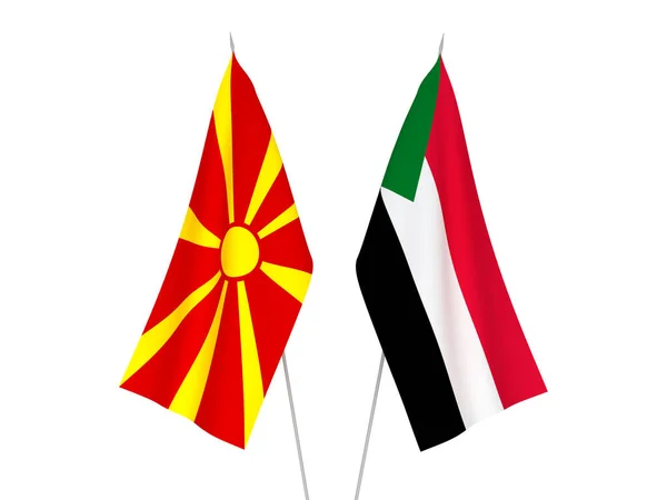 Banderas Nacionales Tela Macedonia Del Norte Sudán Aisladas Sobre Fondo —  Fotos de Stock