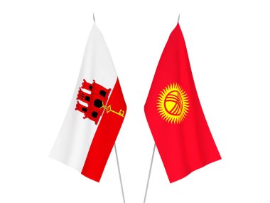 Beyaz arka planda Cebelitarık ve Kırgızistan 'ın ulusal kumaş bayrakları izole edildi. 3d resimleme.