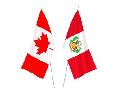 Beyaz arka planda Peru ve Kanada 'nın ulusal kumaş bayrakları izole edildi. 3d resimleme.