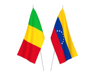 Beyaz arka planda Mali ve Venezuela 'nın ulusal kumaş bayrakları izole edildi. 3d resimleme.