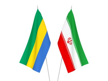 İran ve Gabon 'un ulusal kumaş bayrakları beyaz arka planda izole edildi. 3d resimleme.