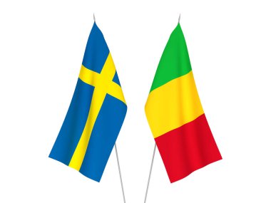 İsveç ve Mali 'nin ulusal kumaş bayrakları beyaz arka planda izole edildi. 3d resimleme.