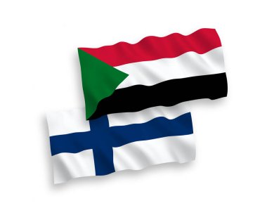Finlandiya ve Sudan 'ın ulusal taşıyıcı kumaş bayrakları beyaz arka planda izole edildi. 1 'e 2 oranında.