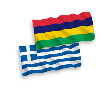 Yunanistan ve Mauritius 'un ulusal taşıyıcı kumaş bayrakları beyaz arka planda izole edildi. 1 'e 2 oranında.