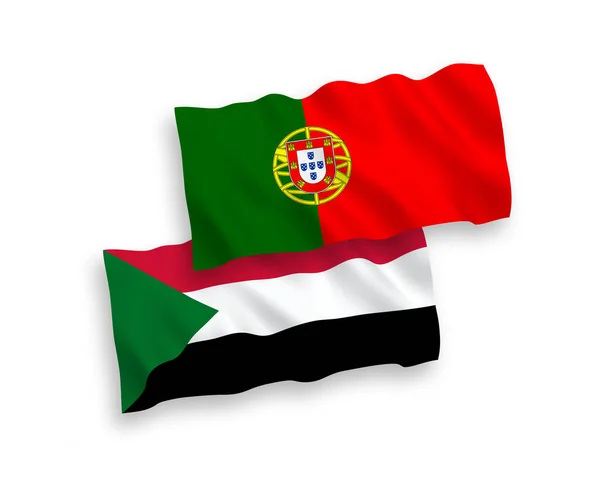 Drapeaux Nationaux Vectoriels Ondes Tissu Portugal Soudan Isolés Sur Fond — Image vectorielle