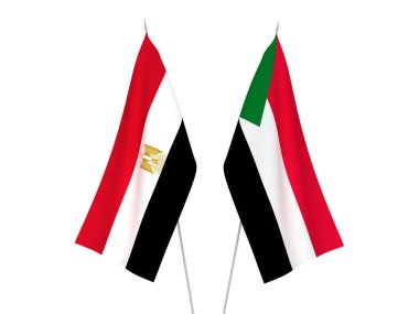 Mısır ve Sudan 'ın ulusal kumaş bayrakları beyaz arka planda izole edildi. 3d resimleme.