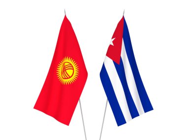 Beyaz arka planda Küba ve Kırgızistan 'ın ulusal kumaş bayrakları izole edildi. 3D tasvir. Tarihi bayrak